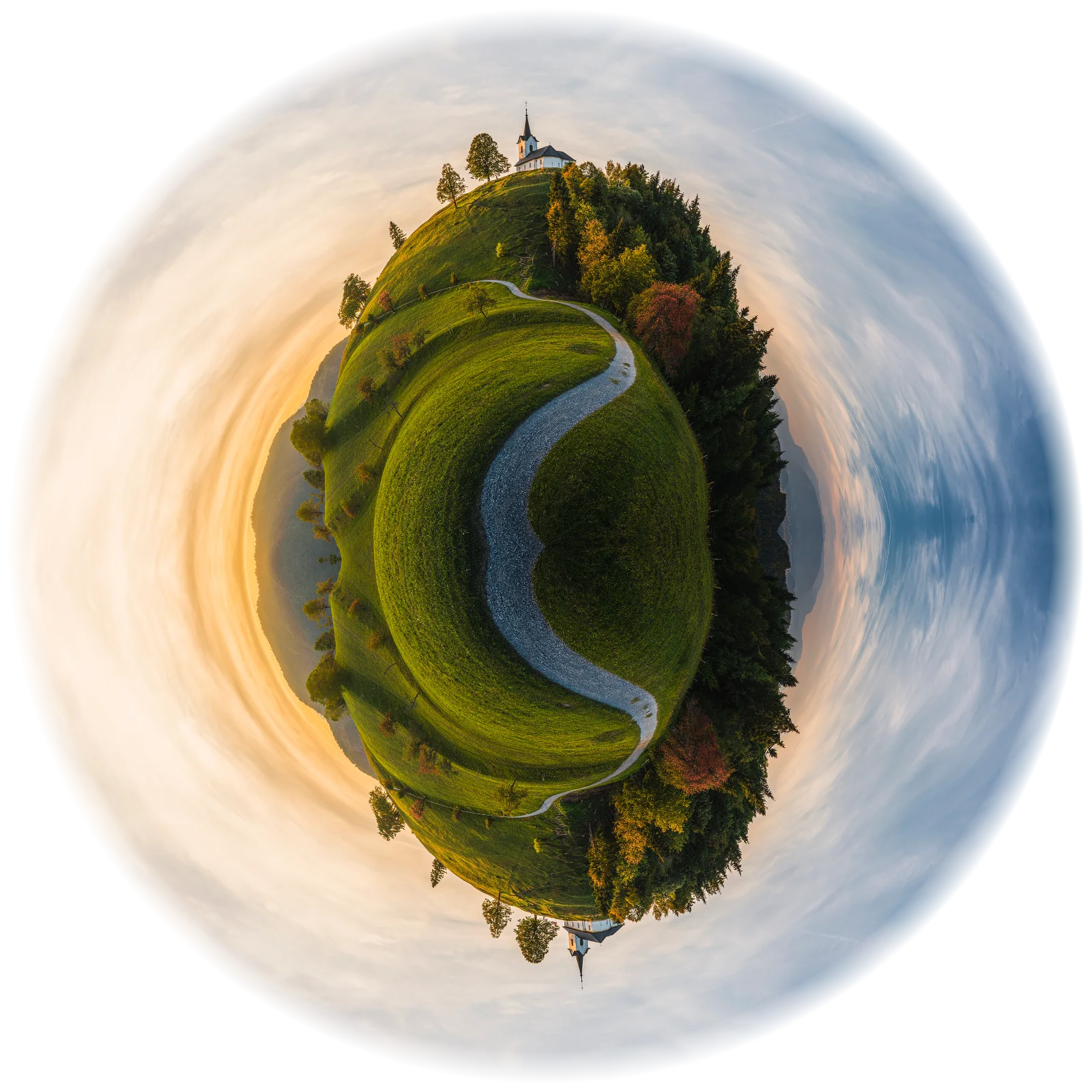 The same hillside wrapped into a little planet by the stereographic projection